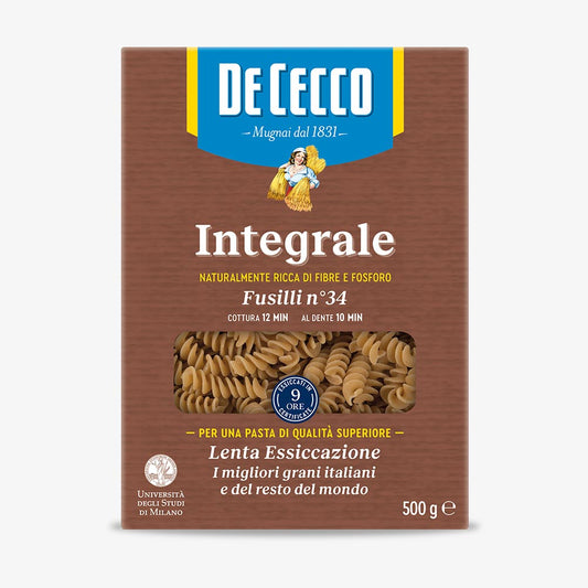 Paste integrale De Cecco, Fusilli nr. 34, 500 g
